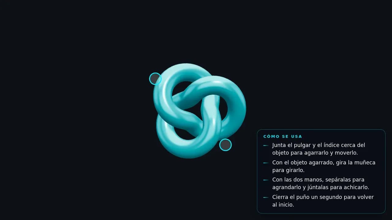Objeto 3D con gestos: el objeto de demostración celeste con los dos cursores de las manos y el cuadro Cómo se usa