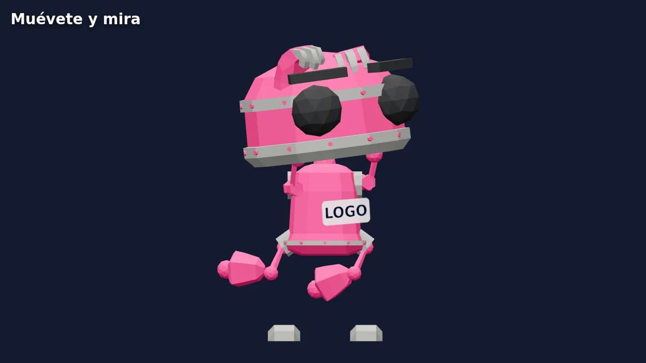 Personaje que te imita: el robot de muestra rosa con el logo en el pecho, bajo el texto Muévete y mira