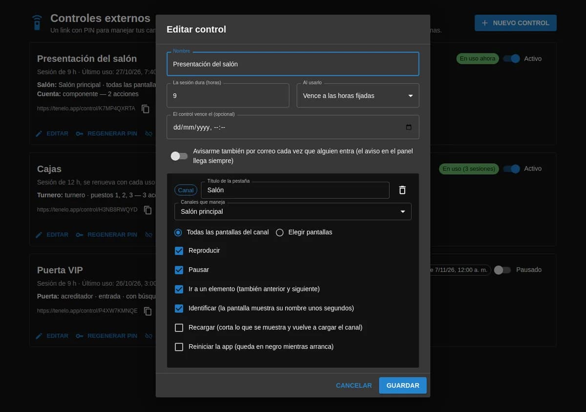 El formulario «Editar control»: nombre, cuánto dura la sesión, si vence o se renueva, vencimiento, aviso por correo y una pestaña de canal con sus acciones