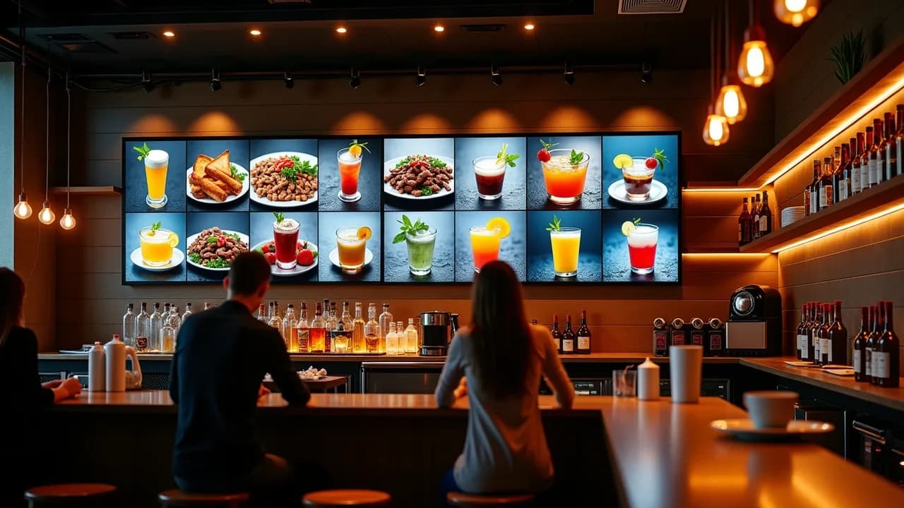Barra de un bar con un panel LED en la pared mostrando una grilla de fotos de tragos y platos, clientes sentados