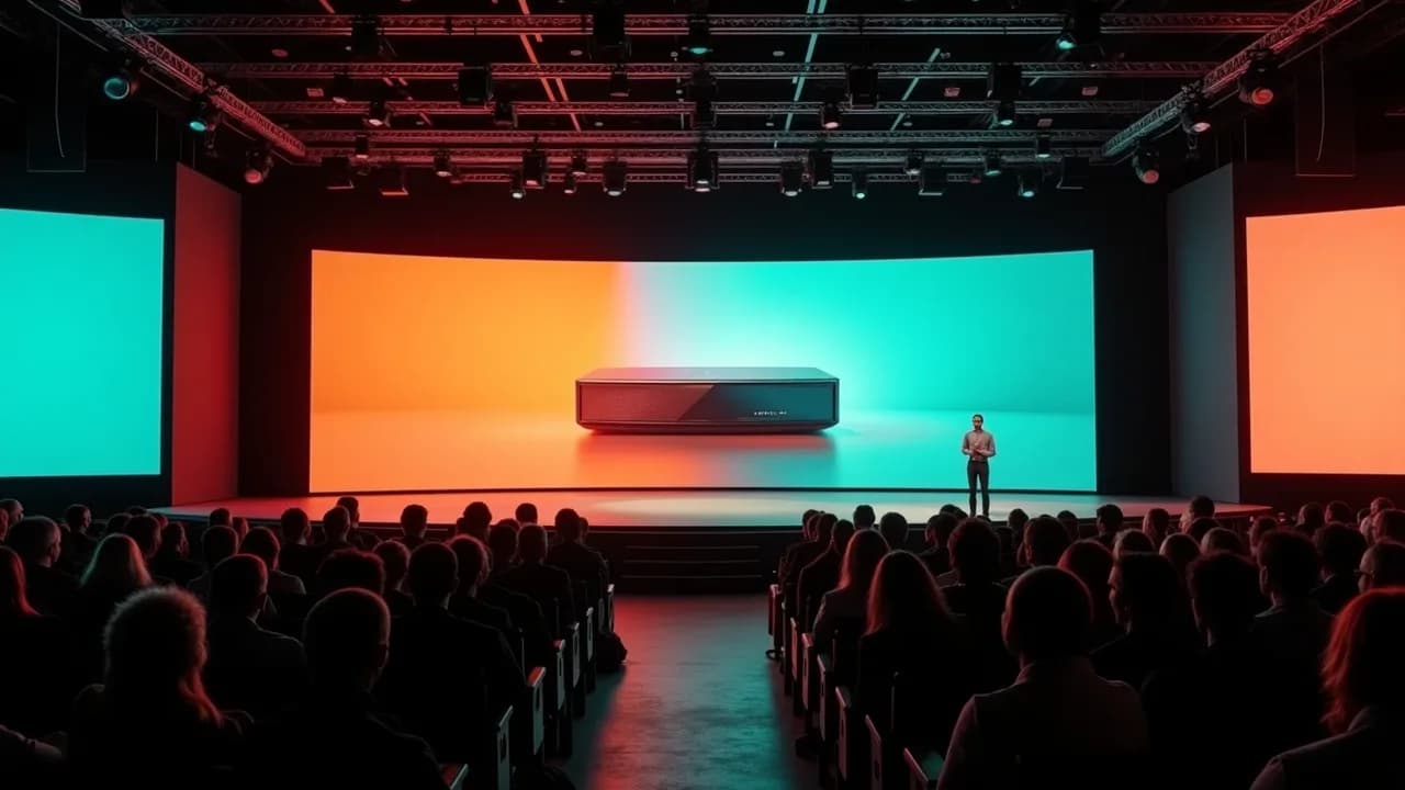 Auditorio de un evento corporativo con una pantalla LED gigante detrás del escenario mostrando un producto sobre fondo naranja y turquesa, un orador y el público de espaldas