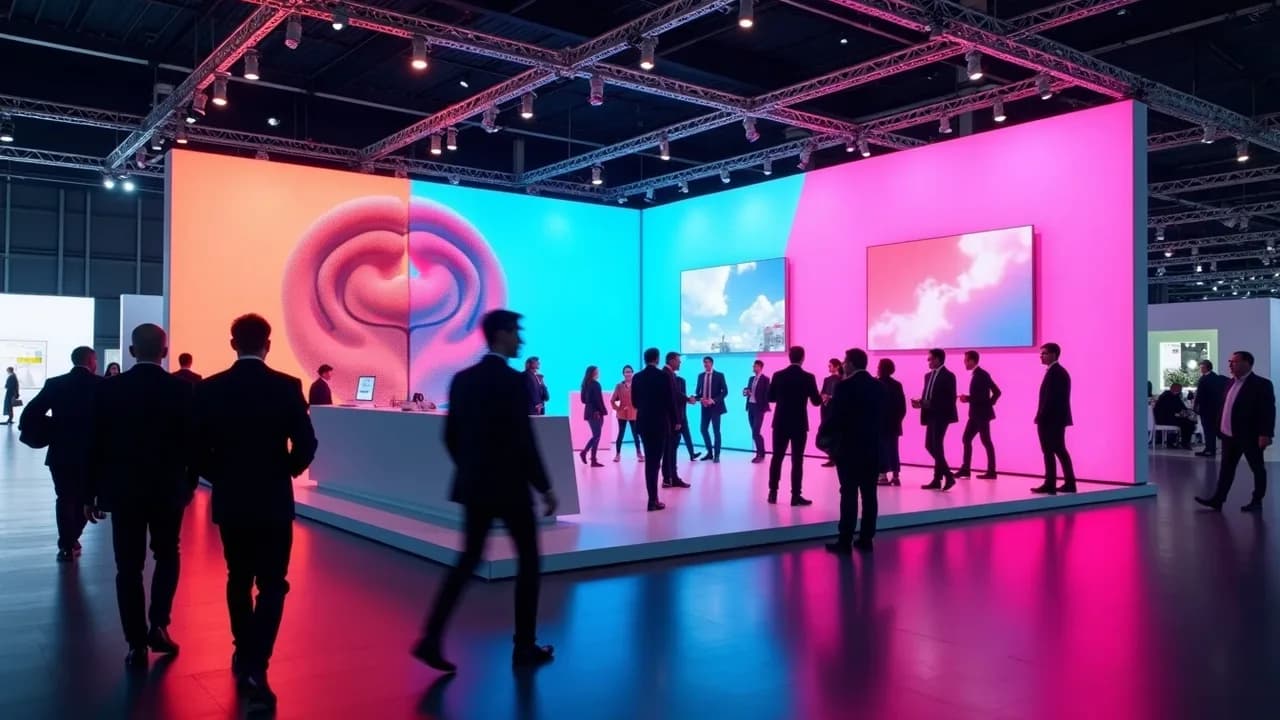 Stand de feria con una pared LED de fondo en colores naranja, celeste y magenta, con visitantes conversando