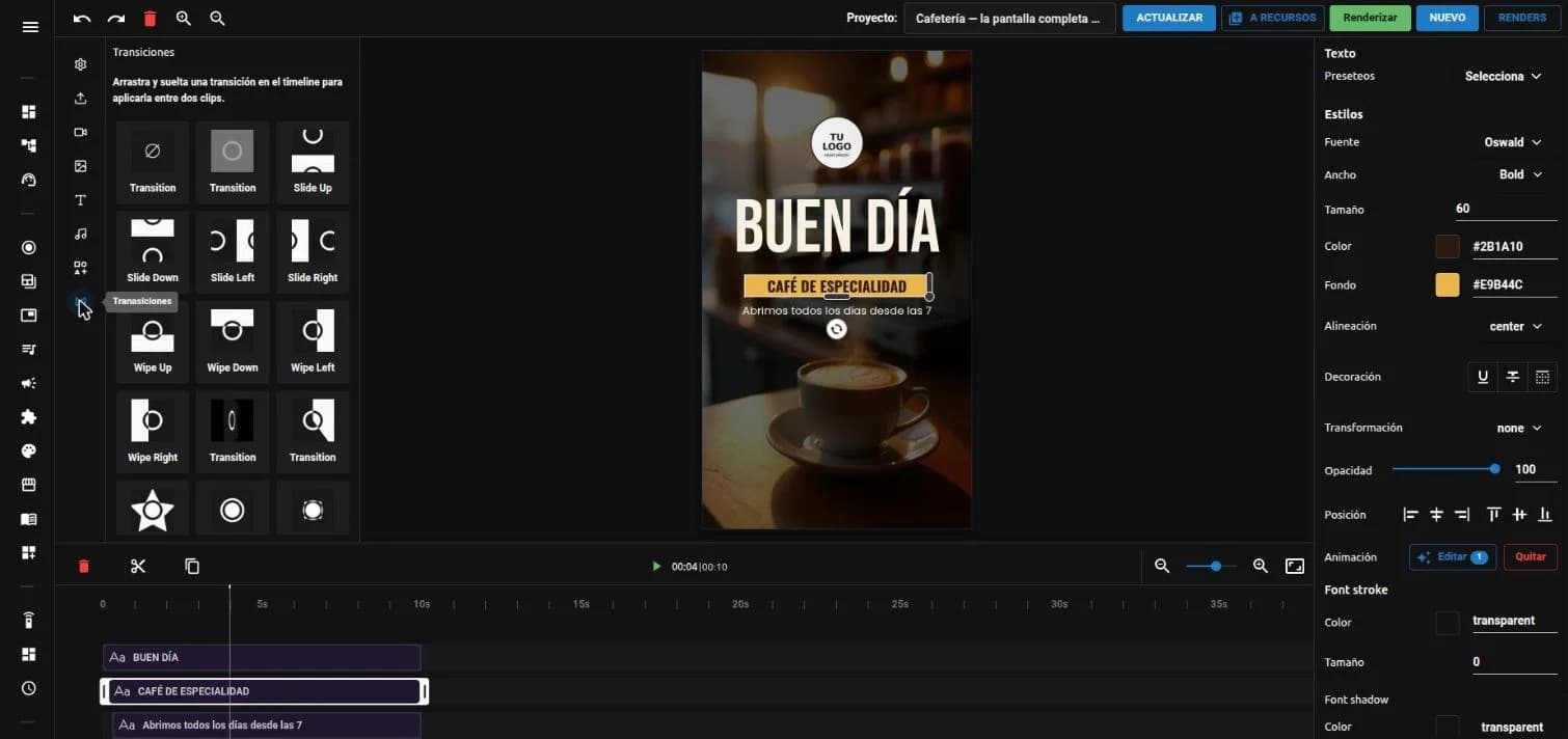 Panel de transiciones del editor de video de tenelo: deslizar, barrer, estrella, círculo y más, para arrastrar entre dos clips