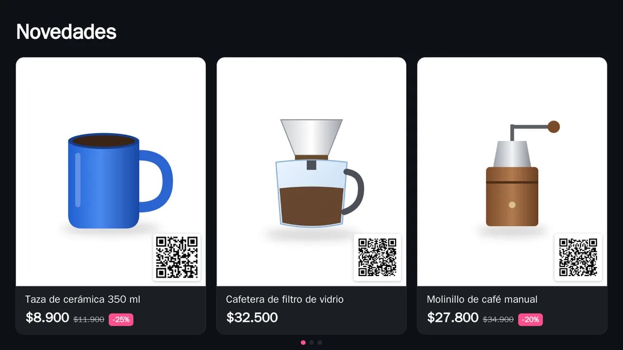 Vidriera en diseño grilla con colores oscuros: una botella térmica, una lámpara de mesa y una planta en maceta, cada una con su precio y su código QR, bajo el título Novedades