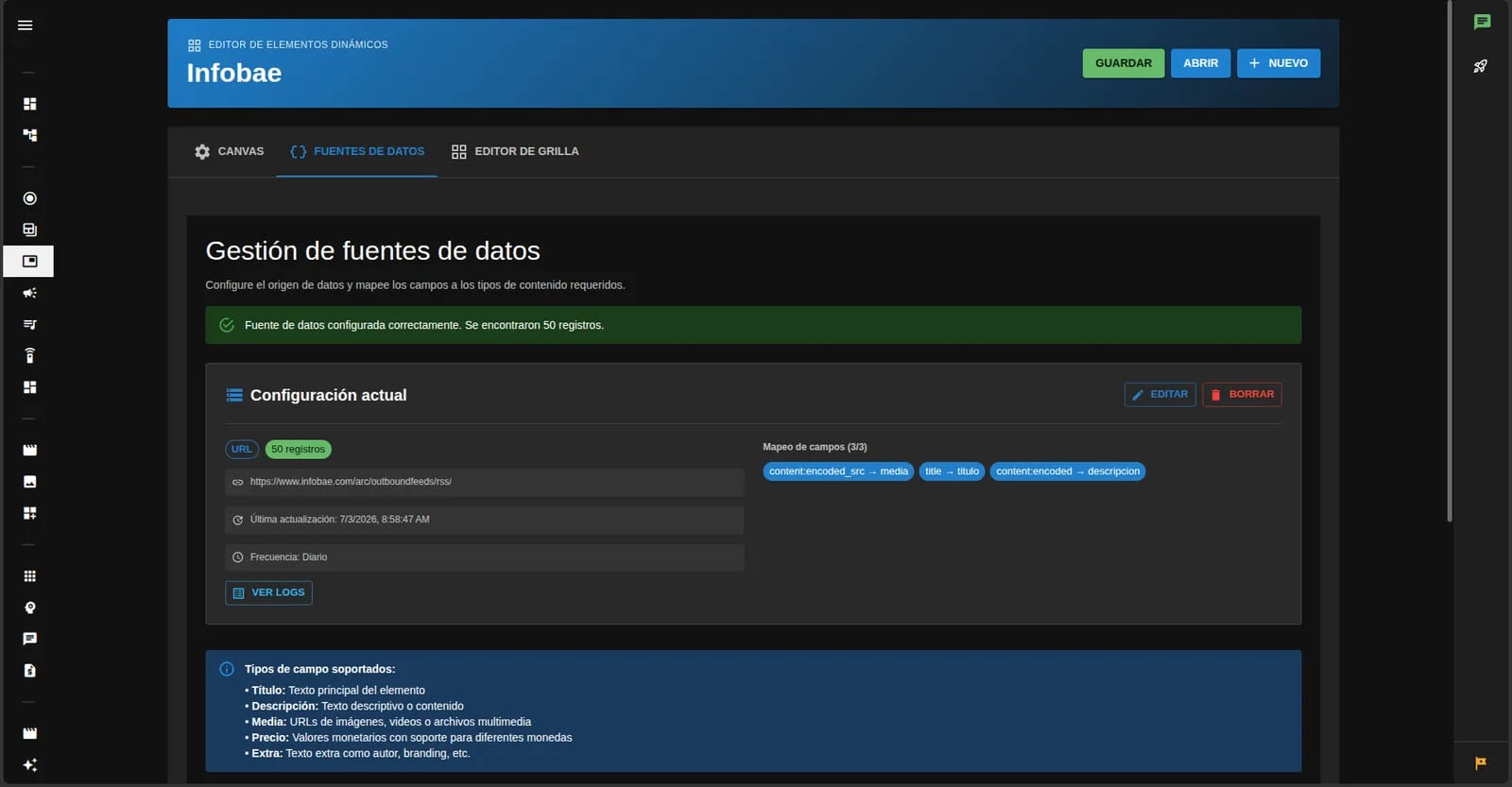 Fuente de datos conectada —una URL que Tenelo lee o un webhook por el que tu sistema envía—, con el mapeo de campos y la frecuencia de actualización