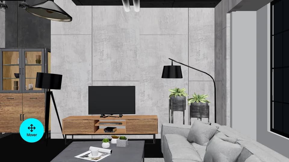 En medio del living: sillón, mesa, televisor, lámpara de pie, vitrina y ventanal