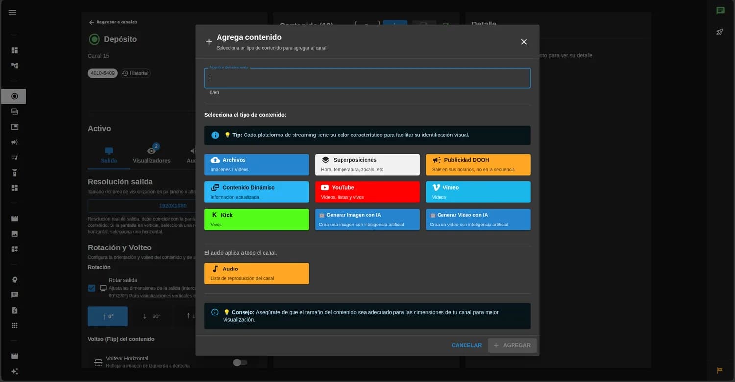 Panel de tenelo: el diálogo «Agrega contenido» de un canal, con Archivos, Superposiciones, Contenido dinámico, YouTube, Vimeo y más