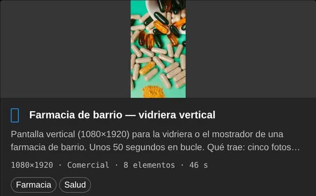 Tarjeta de la plantilla Farmacia de barrio — vidriera vertical en Recursos del panel de Tenelo: 1080 por 1920, ocho elementos, 46 segundos
