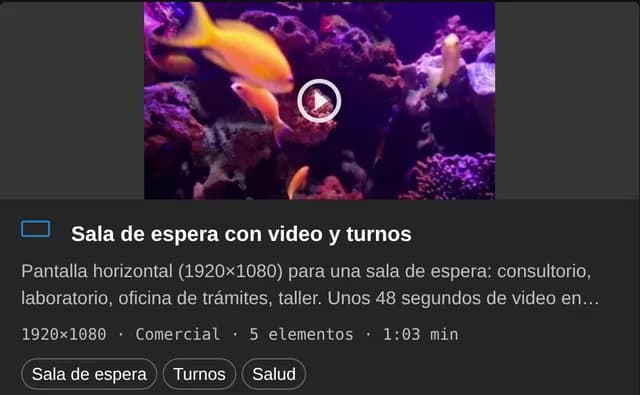 Tarjeta de la plantilla Sala de espera con video y turnos en Recursos del panel de Tenelo: 1920 por 1080, cinco elementos