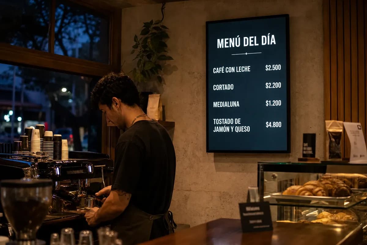 Pantalla de una cafetería mostrando la carta con precios