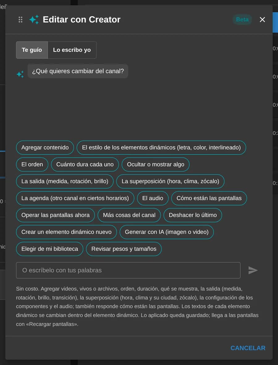 Editar con Creator en modo Te guío: opciones para tocar como Agregar contenido, El orden, Cuánto dura cada uno, La superposición, El audio, Deshacer lo último, y el campo O escríbelo con tus palabras