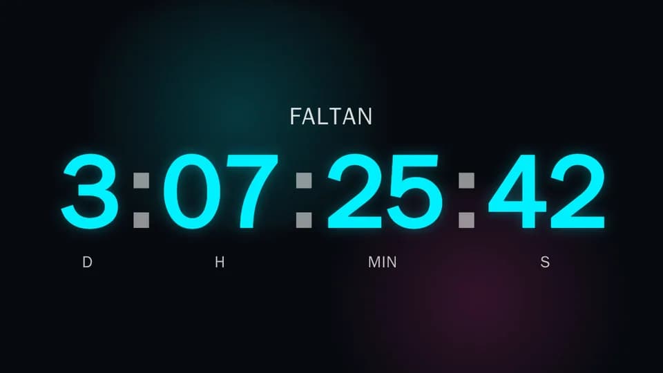 Cuenta regresiva de tenelo, modelo Dígitos grandes: «Faltan 3:07:25:42» en cian con los rótulos d, h, min y s