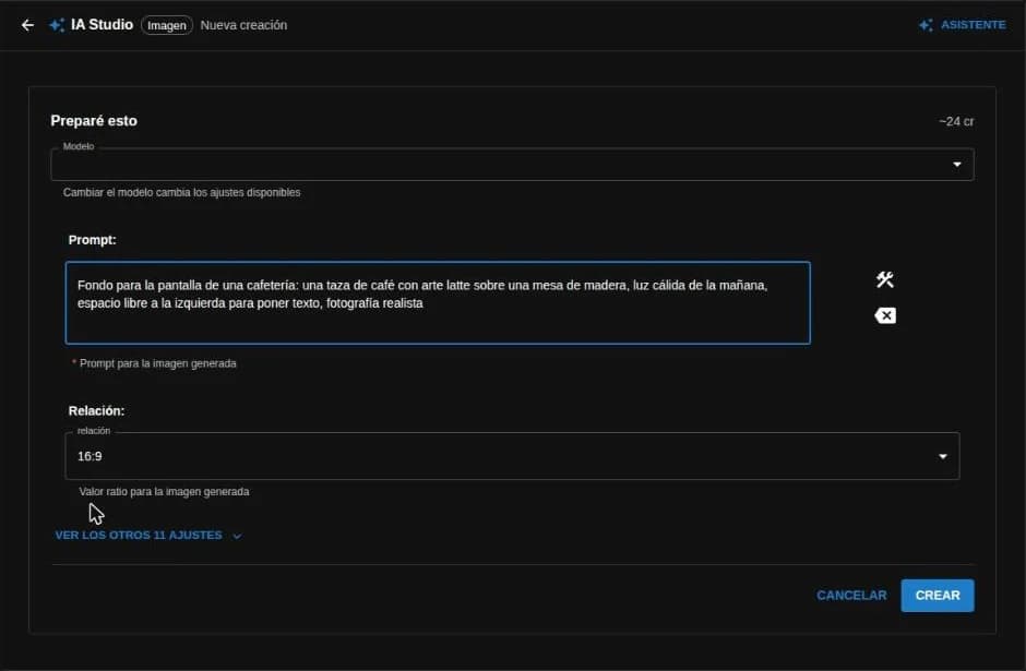 El paso de configuración de IA Studio con el costo estimado en créditos a la vista antes de crear