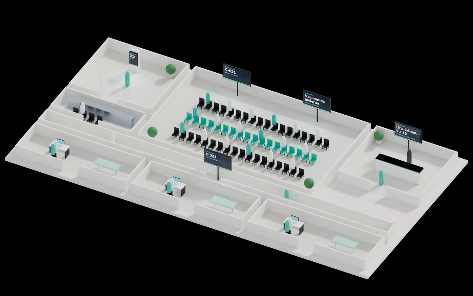 Maqueta 3D de clínica y consultorio con 5 pantallas numeradas: 1, Entrada · tótem; 2, Sala de espera; 3, Sala de espera; 4, Pasillo de consultorios; 5, Recepción