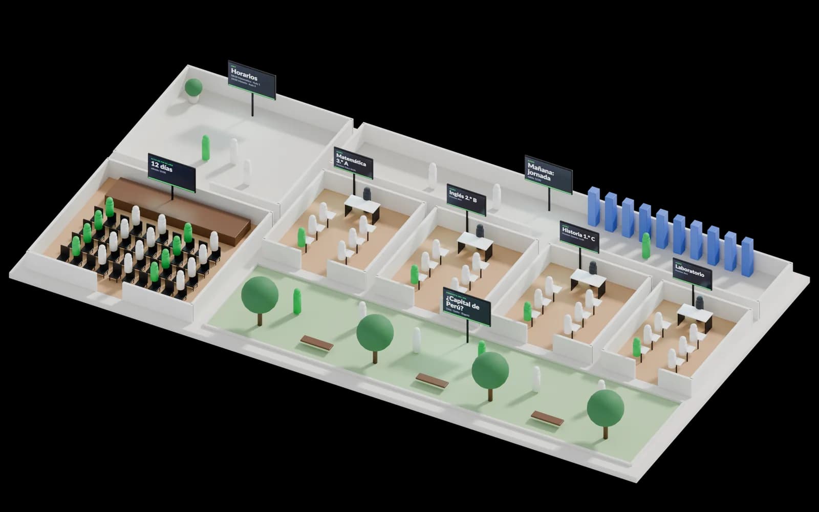 Maqueta 3D de escuela, instituto y universidad con 8 pantallas numeradas: 1, Entrada; 2, Puerta · Aula 1; 3, Puerta · Aula 2; 4, Puerta · Aula 3; 5, Puerta · Aula 4; 6, Pasillo; 7, Salón de actos; 8, Patio