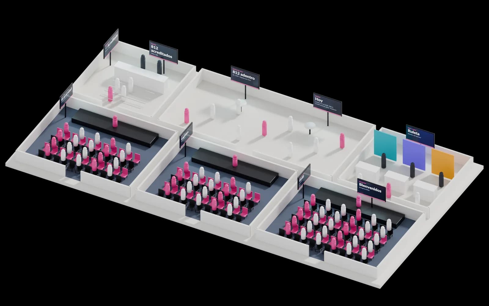Maqueta 3D de eventos y congresos con 9 pantallas numeradas: 1, Acreditación; 2, Hall; 3, Hall; 4, Puerta · Sala A; 5, Puerta · Sala B; 6, Puerta · Auditorio; 7, Auditorio; 8, Stands; 9, Acreditación