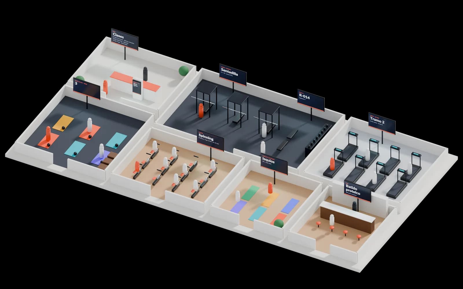 Maqueta 3D de gimnasio con 9 pantallas numeradas: 1, Recepción; 2, Recepción · tótem; 3, Pesas; 4, Pesas; 5, Funcional; 6, Cardio; 7, Puerta del salón; 8, Estiramiento; 9, Bar