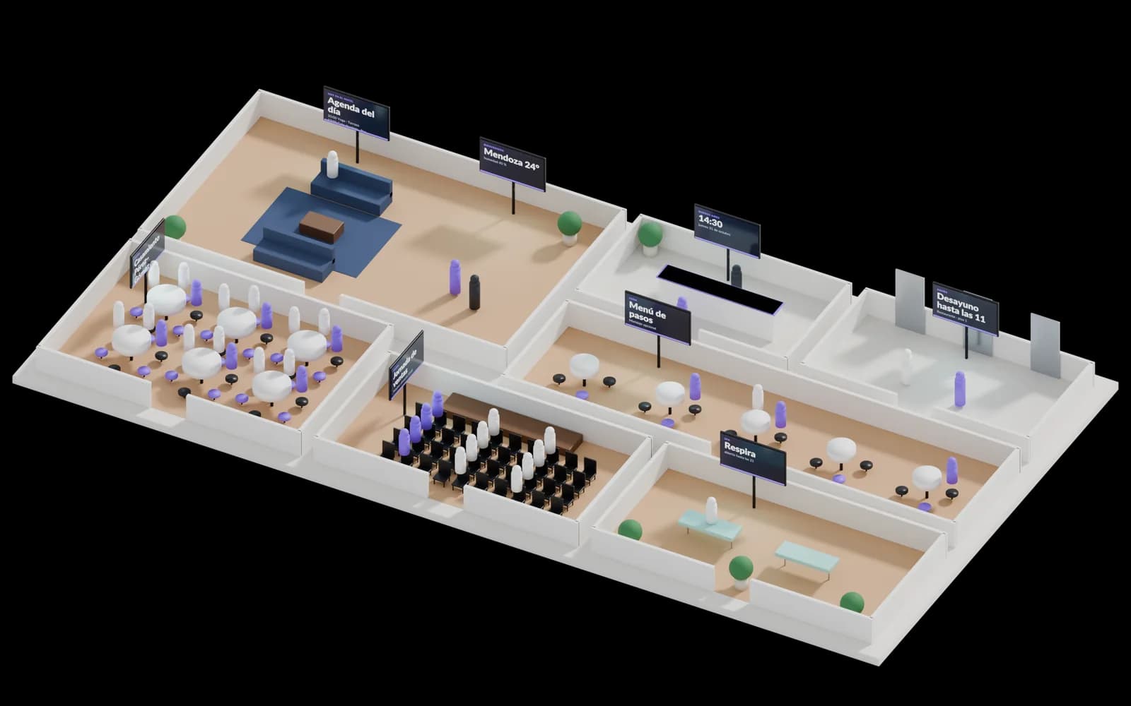 Maqueta 3D de hotel con 8 pantallas numeradas: 1, Lobby; 2, Recepción; 3, Ascensores; 4, Restaurante; 5, Puerta · Salón Río; 6, Puerta · Salón Mar; 7, Spa; 8, Lobby