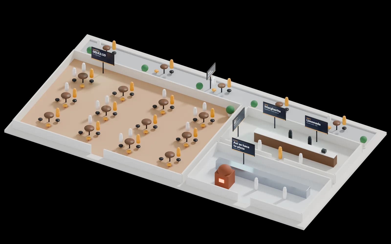 Maqueta 3D de restaurante y bar con 6 pantallas numeradas: 1, Vereda; 2, Mostrador · izquierda; 3, Mostrador · derecha; 4, Caja; 5, Salón; 6, Cocina abierta