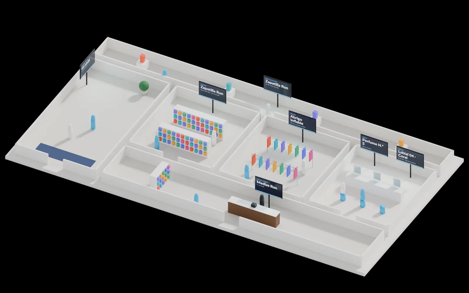 Maqueta 3D de tienda con 7 pantallas numeradas: 1, Vidriera; 2, Entrada; 3, Góndola de calzado; 4, Góndola de abrigos; 5, Belleza · mostrador; 6, Belleza · al lado; 7, Caja